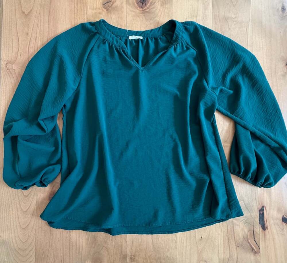 Entro V-Neck Blouse Size Large Teal Balloon Sleeve Peasant Top
